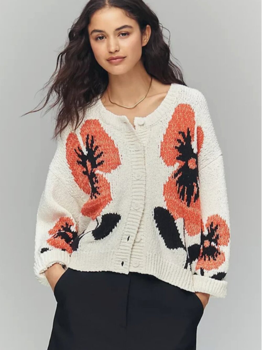 Anthropologie Maeve Elbow Sleeve Cardigan Sweater Red Floral Size L NWT Large - Picture 7 of 7